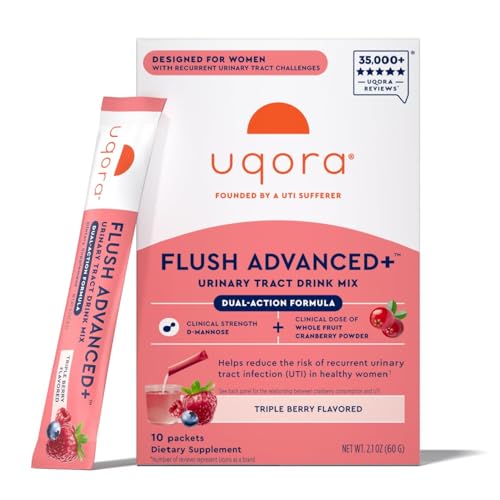 Uqora Flush Advanced+ UTI Support, Triple Berry, 10 Packets | Helps Reduce Risk of Recurrent UTI** with Cranberry, plus D-Mannose, Vitamin C, B6, and Potassium, Gluten-Free and Vegan