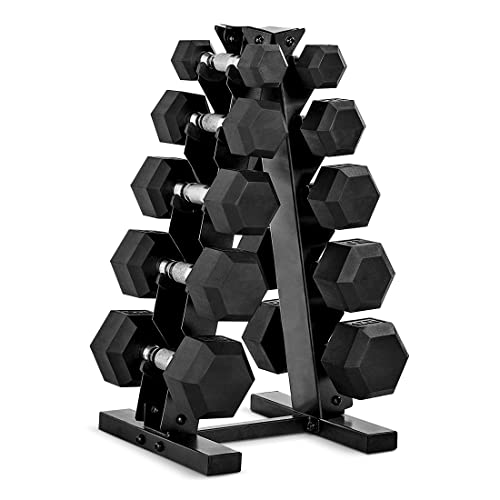 CAP 150lb Rubber Hex Dumbbell Set, Chrome Grip, Black A-Frame Storage Rack | Space-saving A-Frame storage, Anti-roll stability, Easy weight access, Home gym strength training free weights