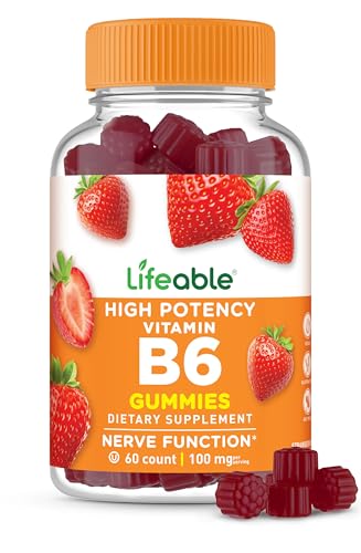 Lifeable Vitamin B6 Gummies for Women and Men, High Potency 100 mg, 60 Ct | Supports Healthy Nerve Function and Metabolism - Kosher and Halal Certified, Lab Tested, Strawberry Pectin Gummy, No Gelatin