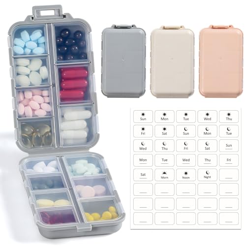 Foldable & Portable 3 Pack 14 Grids Travel Pill Organizer Box with Labels | Pocket-Sized Small Handy Pharmacy, Large Capacity Travel Medicine Case Holder for Multi-sized Fish Oils Vitamins Supplements