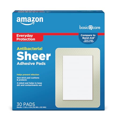 Amazon Basics Antibacterial Sheer Adhesive Pad Bandages, Extra Large Non-Stick Pad, Helps Prevent Infection, First Aid & Wound Care Protection, 30 Count (3x4 inches) (Previously Amazon Basic Care)