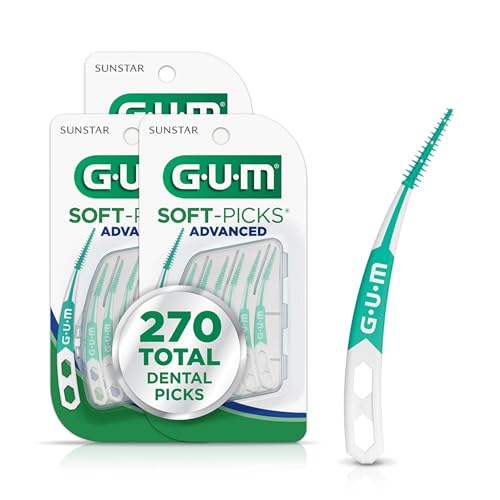 GUM Soft-Picks Advanced Interdental Picks, 90 Count (3 Pack) | Soft bristles, Longer curved handle, Safe for braces & bridges, Latex & wire free, Includes travel case, Disposable picks