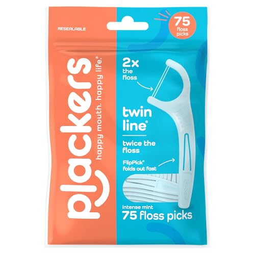 Plackers Twin Line Floss Picks, Intense Mint, 75 Count | Dual-line Tuffloss,