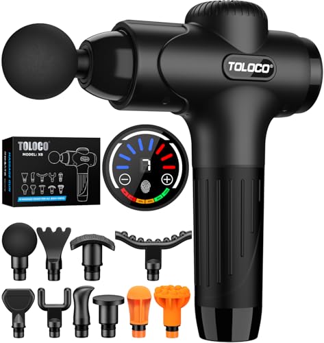 TOLOCO Massage Gun Deep Tissue, Percussion Massage Gun with 10 Replacement Heads, Super Quiet Portable Electric Massager for Athletes, Relax, Fathers Day Dad Gifts, Black