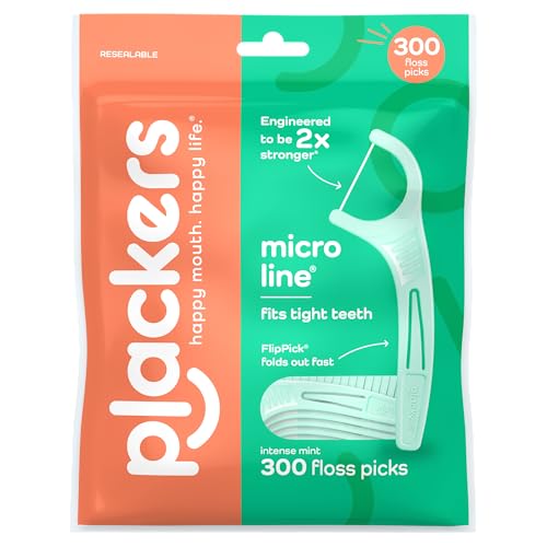 Plackers Micro Line Floss Picks, Intense Mint, 300 Count | Floss fiber made without PTFE, Fits tight teeth, Fold-out toothpick, QuickFix Grip, Resealable bag, 2x Stronger