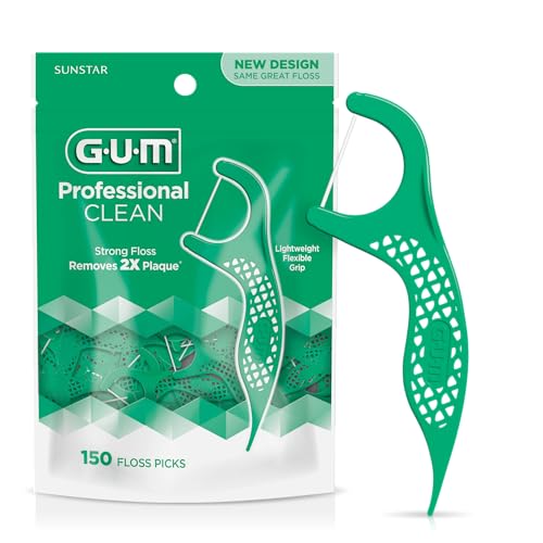 GUM Professional Clean Dental Floss Picks, Fresh Mint, 150 Count | Extra-Strong, Shred-Resistant Waxed Floss, Control-Grip Handle, Sturdy pick to easily fit between teeth, Travel-ready