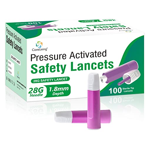 CARELIVING Safety Lancets, 100 Count Sterile, Pressure Activated Activation, 28 Gauge Needle,