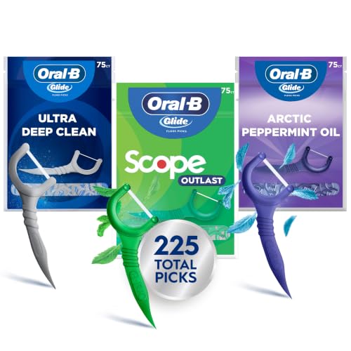 Oral-B Glide Dental Floss Picks Variety Set with Scope Outlast, Arctic Peppermint Oil and Ultra Deep Clean, 225 Count (75 Count x 3)