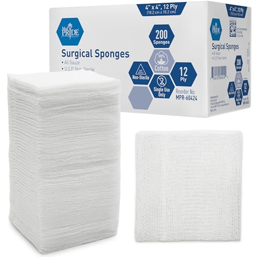 MED PRIDE Surgical Gauze Sponges, 4 x 4 in, 12-Ply, Non-Sterile, 200