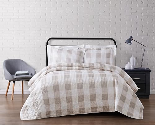 TRULY SOFT Everyday Buffalo Plaid Khaki Polyester 3-Piece King Quilt Set, Plaid Themed, for Men and Women, Oeko-TEX Certified Confidence