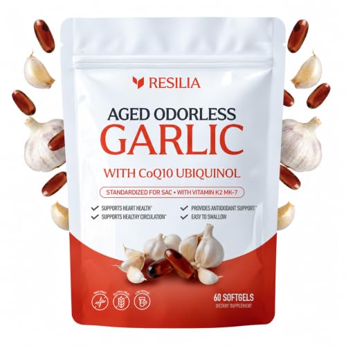 Resilia Odorless Aged Garlic Softgels (60 Count) | 600mg Aged Garlic Per Serving | With CoQ10 Ubiquinol & Vitamin K2 (MK-7) | Dietary Supplement