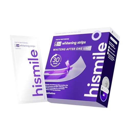 Hismile V34 Whitening Strips, Teeth Whitening Strips, Pack of 28 Strips, Purple Whitening Strips, Combining Whitening and Colour Correction - 14 Treatments