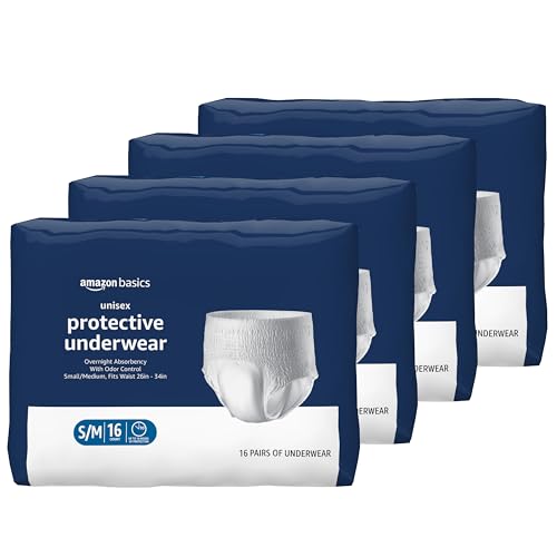 Amazon Basics Unisex Protective Overnight Incontinence Underwear with Odor Protection, Small/Medium, 64