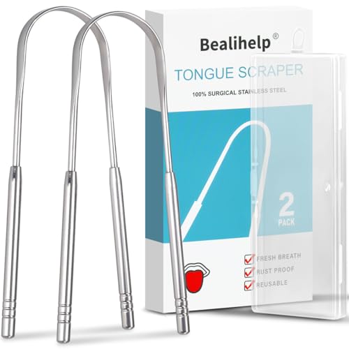 2 Pack Tongue Scraper, 100% Surgical 304 Stainless Steel Tongue Cleaner for