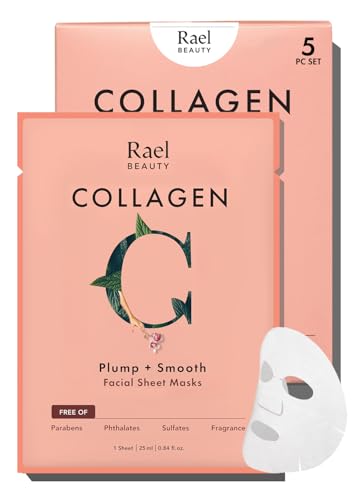 Rael Facial Masks Hydrating & Soothing Skincare Daily Beauty Essentials | Wheat Amino Acid & Licorice Root Extract Serum, Nourishing, Bamboo Sheets, Korean Skin Care, All Skin Types (Collagen, 5 Ct)