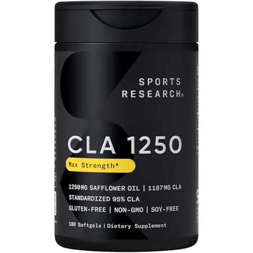 Sports Research® CLA 1250mg, 180 Softgels | 95% Active Conjugated Linoleic Acid | From Safflower Oil | Non-GMO, Soy-Free, Gluten Free - 180 Servings
