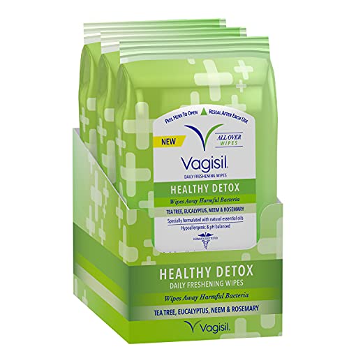 VAGISIL Health Detox Feminine Cleansing Wipes, 20 Wipes (3 Pack) | Health Detox feminine wipes gently removes harmful bacteria. With natural essential oils. Hypoallergenic & pH balanced.