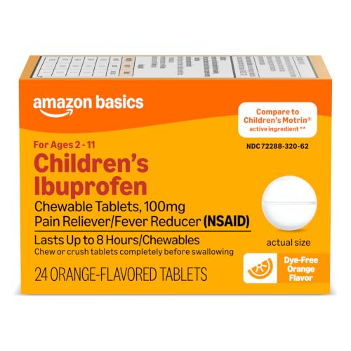 Amazon Basics Children’s Ibuprofen Chewable Tablets, 100 mg, Orange Flavor, Pain Reliever/Fever