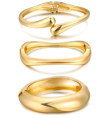 Chunky Gold Bangle Bracelets for Women, Dainty 14k Gold Plated Big Stackable