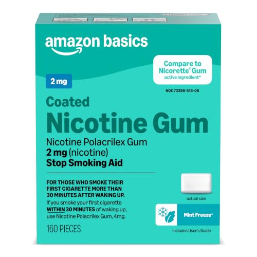 Amazon Basics Coated Nicotine Gum 2 mg, Ice Mint Flavor, Stop Smoking Aid, Relieves Nicotine Cravings to Help You Quit Smoking Cigarettes, 160 Count (Previously Amazon Basic Care)