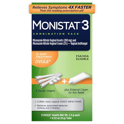 Monistat 3-Day Yeast Infection Treatment, Miconazole Ovule Inserts + Cream | Regular