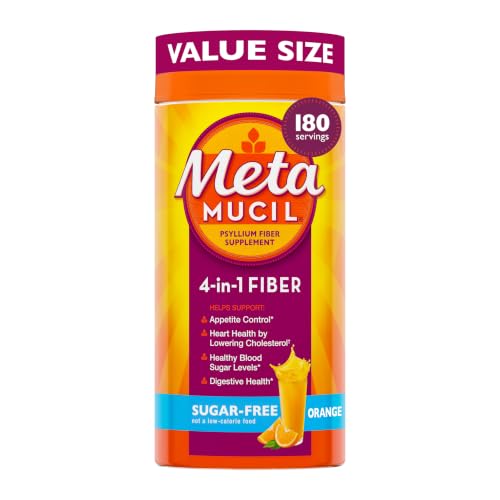 Metamucil 4-in-1 Psyllium Husk Fiber Supplement, Sugar-Free, 180 teaspoons, Orange Flavored, Daily