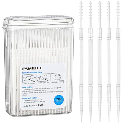 FAMILIFE 2-in-1 Interdental Toothpicks & Brush Picks for Teeth, 200 Ct | Soft Bristles Unflavored Dental Picks with Travel Case for Food Debris Removal, Braces, Crowns, On the Go Use, TSA-Approved
