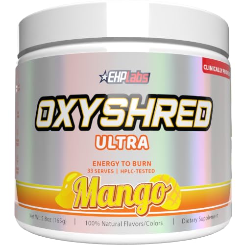 EHP Labs OxyShred Pre Workout Powder - Mango, 33 Servings | Supports Energy, Focus and Endurance with Acetyl L Carnitine and L Glutamine, Thermogenic Formula, Sugar Free, Zero Jitters