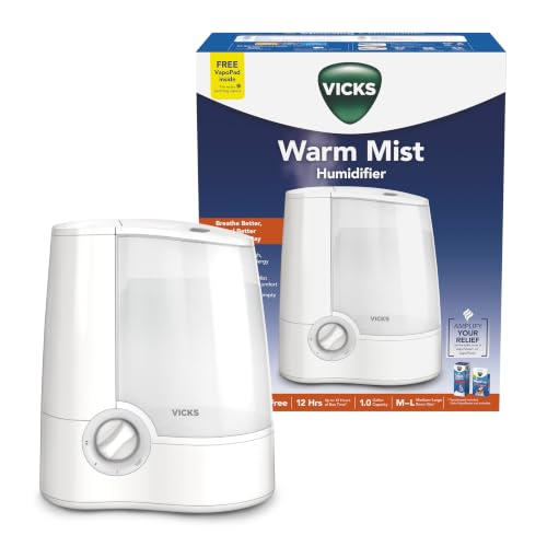 Vicks Warm Mist Humidifier for Medium to Large Rooms, 1 Gal Tank | Filter-free humidifier supports easier breathing at night, quiet operation, auto shut-off, suitable as a nursery humidifier
