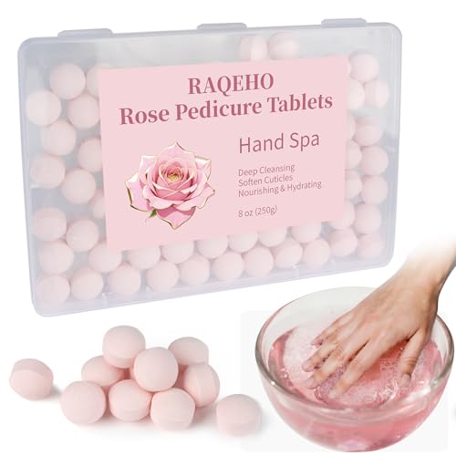 RAQEHO Manicure Spa Balls 8oz - Moisturizing Nail Soaking Tablets, Rose | Nail Cuticle Softening Bombas Efervescentes para Pedicure, Manicure Spa Essentials for Hand Soak, Nail Care, Home & Salon Use