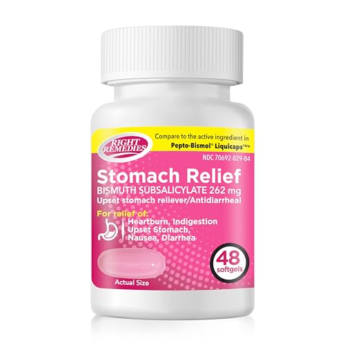 RIGHT REMEDIES Upset Stomach Relief, 262 mg, 48 Softgels | Multi-Symptom Relief,