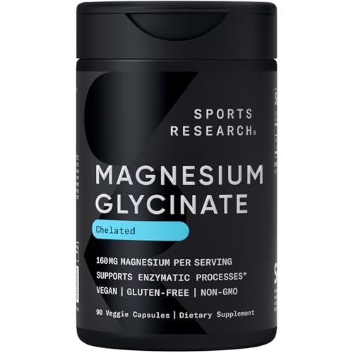 Sports Research® Magnesium Glycinate 160mg, 90 Veggie Capules | 1441mg Cheletated Magnesium per Serving | Gentle on the Stomach | Non-GMO, Soy Free, Essential Mineral