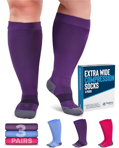 Doctor's Select® 3 Pairs Plus Size Compression Socks Wide Calf - Up to 6XL | 20-30 mmHg Compression Socks for Women Wide Calf | Pink, Purple, Blue