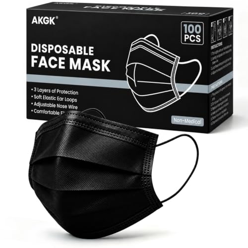 akgk 100Pcs Disposable Face Masks, Black Face Mask, 3 Ply Disposable Mask