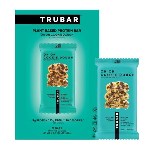 TRUBAR Vegan Protein Bar, Oh Oh Cookie Dough, Gluten Free, Plant Based Protein, Dairy Free, Non GMO, Soy Free, No Sugar Alcohols, 12G Protein, 13G Fiber, Healthy on the Go Snack Bars, 12 CT