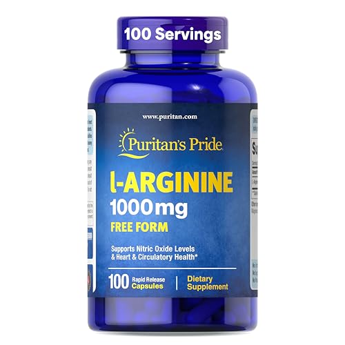 Puritan's Pride L-Arganine 1000mg Free Form, 100 Capsules | Supports Nitric Oxide Levels & Heart & Circulatory Health, 100 Day Supply