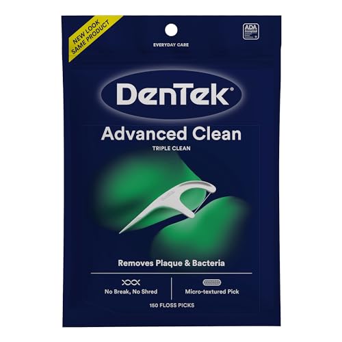 DenTek Floss Picks, Advanced Clean, Plaque Remover, 150 Count | No Break & No Shred Dental Floss, Triple Clean, Mouthwash Blast Mint Flavor, Removes Bacteria, Micro-Textured Pick