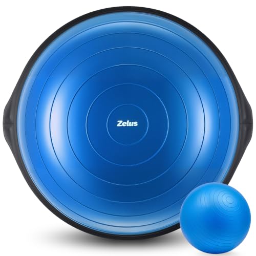 ZELUS 25in. Balance Ball | 600lb Inflatable Half Exercise Ball Wobble Board Balance Trainer w Nonslip Base | Half Yoga Ball Strength Training Equipment w 2 Bands, Pump, Extra Ball Included (Blue)
