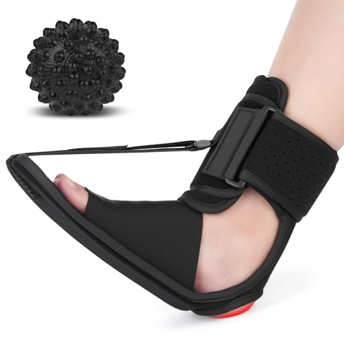 Upgraded Plantar Fasciitis Night Splint with Massage Ball for Foot Pain Relief Causing by Plantar Fasciitis, Achilles Tendonitis, Heel Spur, Comfortable & Easy-to-use Brace for Men & Women, Medium-Black