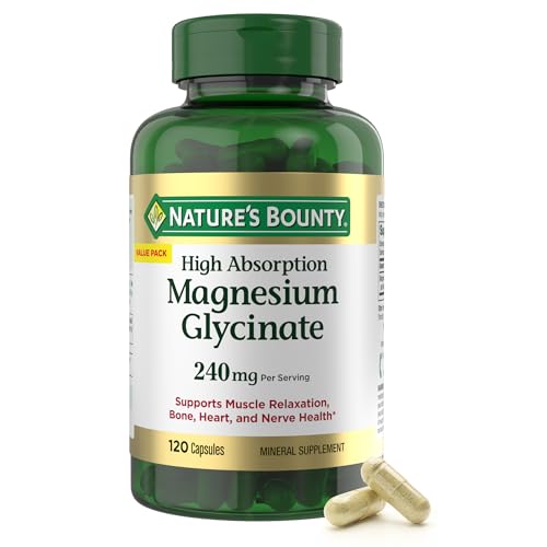 Nature’s Bounty High Absorption Magnesium Glycinate 240 mg Capsules, 120 ct | Supporting Muscle Relaxation and Bone, Heart & Nerve Health – Non-GMO, Gluten-Free, Vegetarian, 120 Count/60 Servings