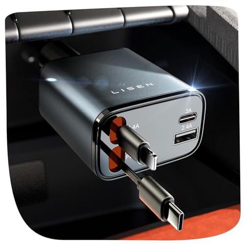 LISEN Retractable Car Charger, 84W Car Charger USB C Fast Charge, 4
