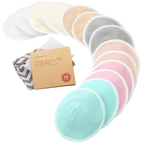 Organic Nursing Pads, 14 Washable Breast Pads,Wash Bag (Pastel Touch, L 5") | Viscose Derived from Bamboo, Reusable Breast Pads for Leaking Milk, Nipple Pads, Breastfeeding Pads, Breastfeeding Essentials