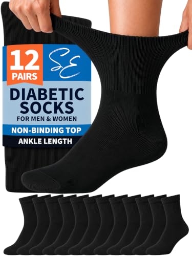 Special Essentials Diabetic Ankle Socks, Black, L, 12 Pairs | For Neuropathy,