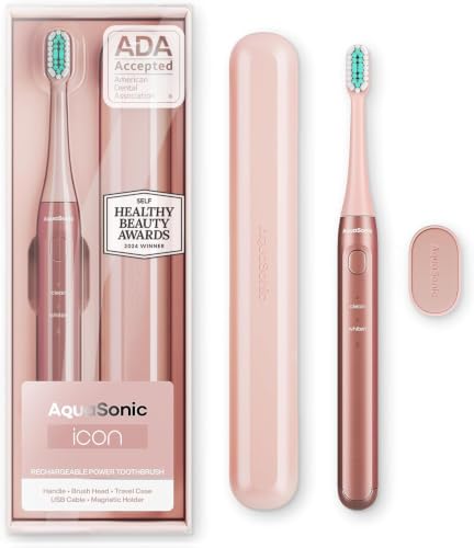 Aquasonic Icon Micro-Vibrating Manual Toothbrush - ADA-Accepted - Blush | Gentle Soft Bristle Toothbrush, Rechargeable, 2 Brushing Modes, Smart Timer, 30+ Day Battery, Travel Case, Magnetic Holder