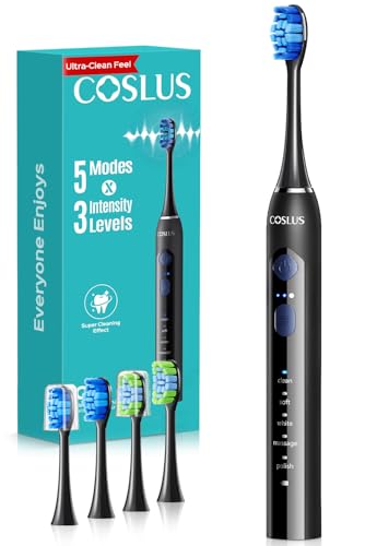 COSLUS C30 Electric Toothbrush for Adults, Ultra-Clean, 1PC, Black | Effective yet Gentle, 3 Intensities & 5 Modes, 2 Types Soft or Medium Firm Heads, Daily Care, Compact for Travel Home Family