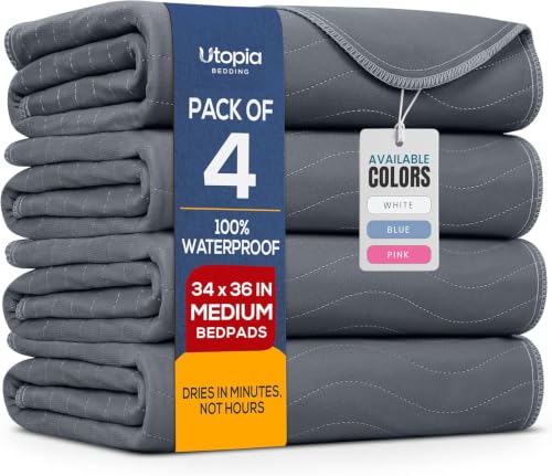 4 Pack Waterproof Reusable Heavy Absorbency Incontinence Bed Pads 34"x36" | Utopia Bedding Washable Underpads, Chuck Pads for Adults, Kids, Elderly and Pets, Bedwetting Pads for Sofa and Couch, Grey