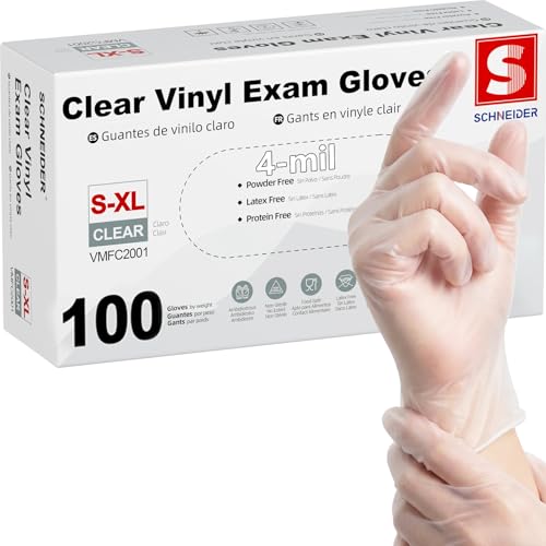 Schneider Clear Vinyl Exam Gloves, 4-mil, Large 100-ct Box, Latex-Free, Disposable Gloves,