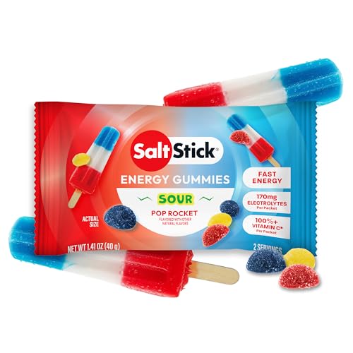 SaltStick Energy Chews Sour Pop Rocket Energy Gummies 10 Bags/ 20 Servings | Quick carbohydrates and electrolytes in delicious gummies to fuel your workout without sticky gels. Caffeine-free.