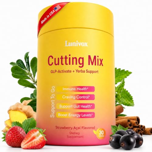 Lunivox Cutting Drink Mix - GLP-1 Drink Mix | Dual-Action Prebiotic Formula for Gut Wellness Support & Healthy Energy Boost | Non-GMO, Gluten-Free & Vegan | Strawberry Açaí Flavor (30 Sticks)
