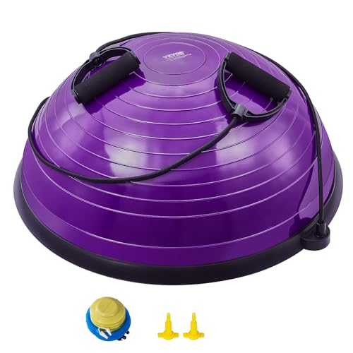 VEVOR Half Exercise Ball Trainer, 23 inch Balance Ball Trainer, 660lbs Stability Ball, Yoga Ball with Resistance Bands & Foot Pump, Strength Fitness Ball for Home Gym, Full Body Workout, Purple